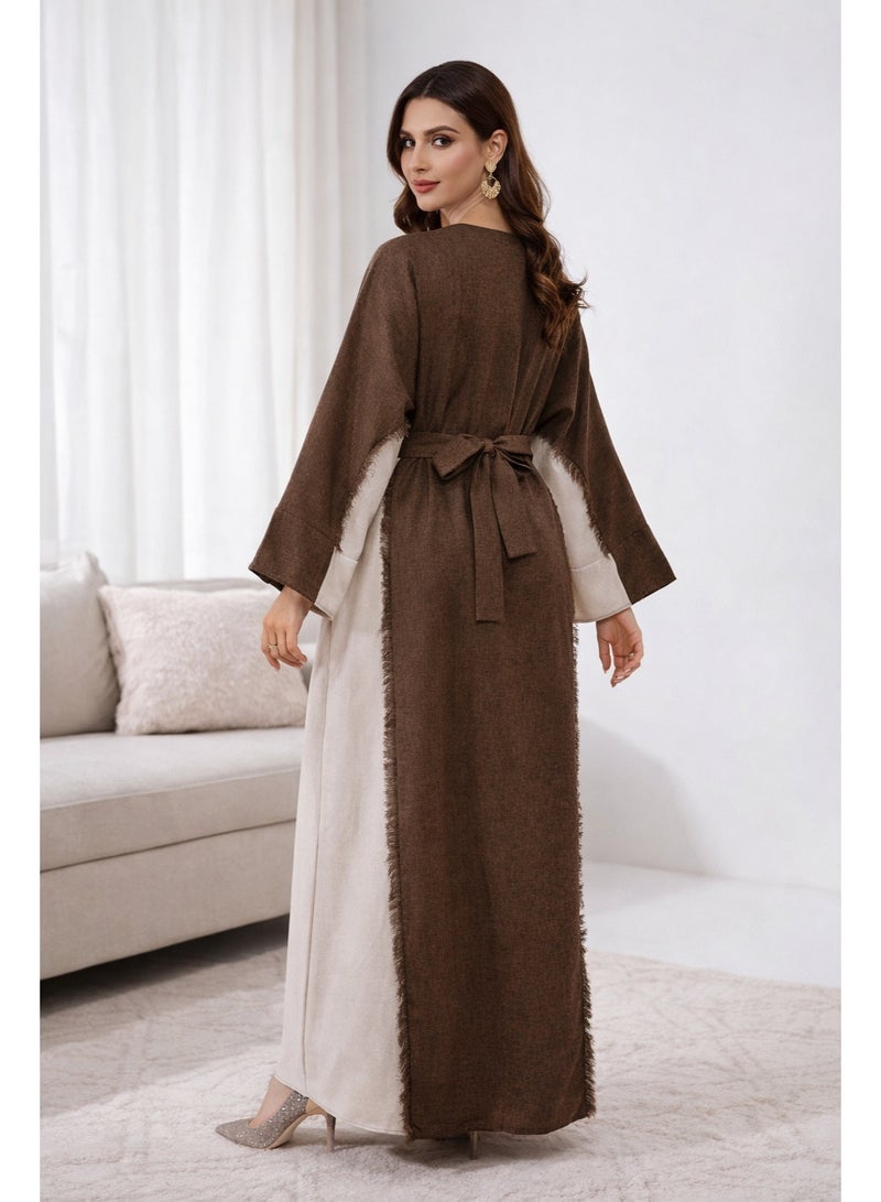 SHOWDAY Women’s Open Front Abaya Cardigan, Two Tone Long Kimono Kaftan with Belt & Pockets, Modest Maxi Outerwear for Daily Wear, Ramadan & Eid - Image 3